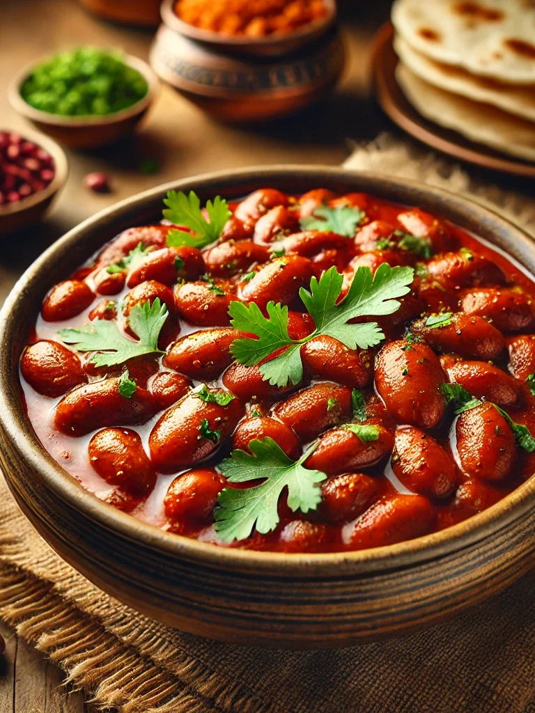 beautifully plated dish of Kidney Bean Sabji (Rajma Sabji) served in a traditional Indian bowl.